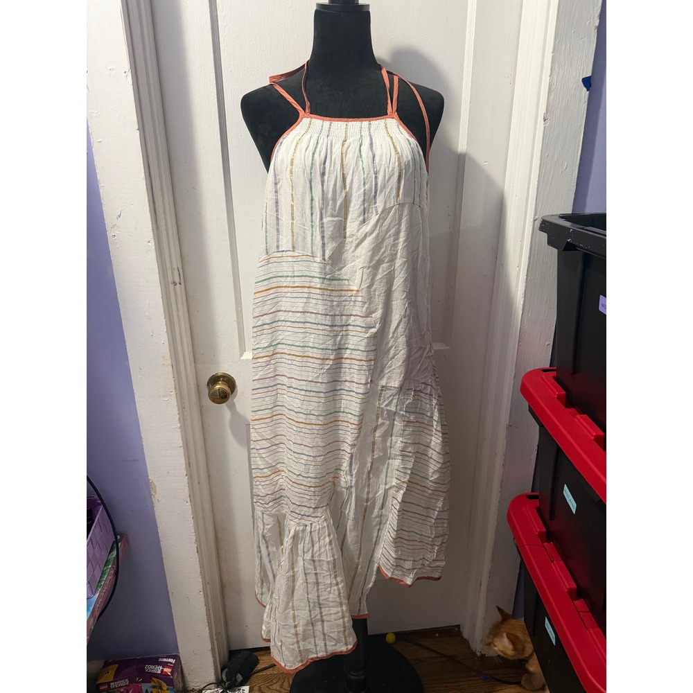 Akemi & Kin White Striped Tank Dress XS Halter Neck Asymmetrical Midi Boho